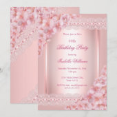  Floral blush Roze kant Birthday Party Kaart (Voorkant / Achterkant)