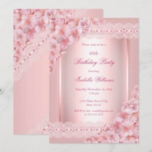 Floral blush Roze kant Birthday Party Kaart (Voorkant / Achterkant)