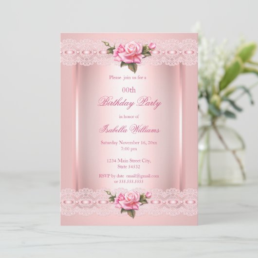 Floral blush Roze rozen Birthday Party Kaart (Staand voorkant)