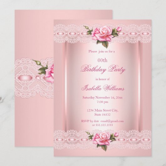 Floral blush Roze rozen Birthday Party Kaart (Voorkant / Achterkant)