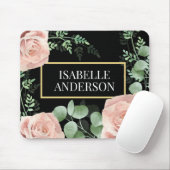 Floral Blush roze rozen Groene bladeren Zwarte Aan Muismat (Met muis)