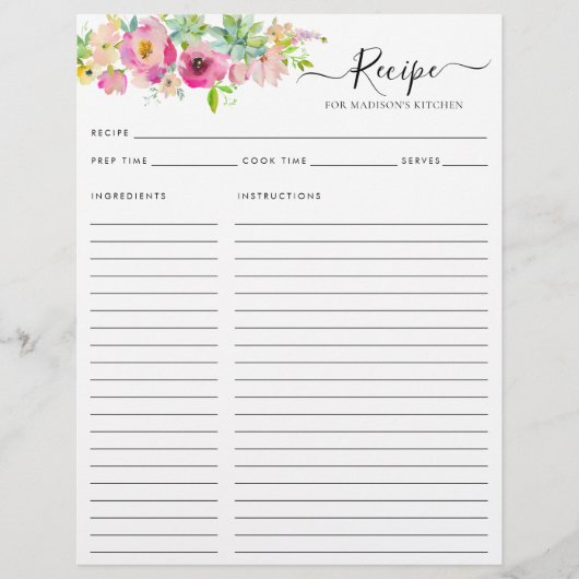 Floral Blush Roze Waterverf Cactus Keukenrecept Flyer (Voorkant)