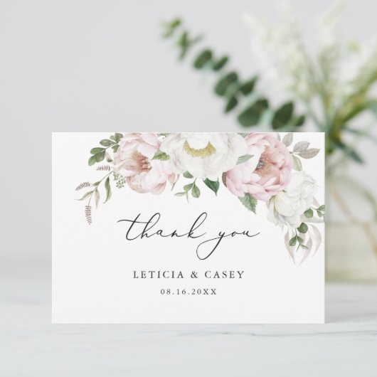 Floral Blush Roze Witte Pioen Romantisch Dank u Bedankkaart (Staand voorkant)