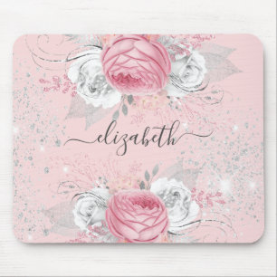 Floral blush roze zilverfoliage monogram stijlvol muismat
