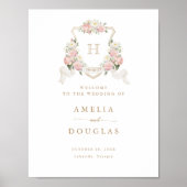 Floral Blush Rozen Crest Monogram Welkomstbord Poster (Voorkant)