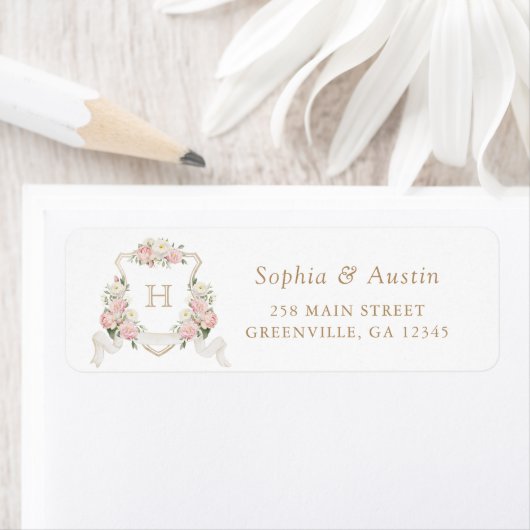 Floral Blush Rozen Wedding Crest Retouradres Etiket (Insitu)