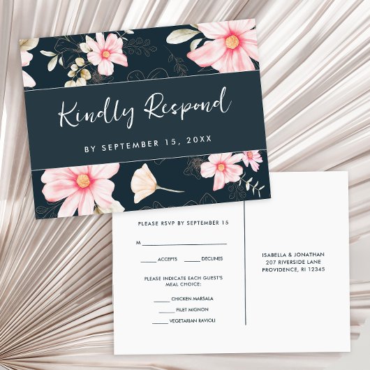 Floral Blush RSVP Trendy Script Maaltijd Keuze Uitnodiging Briefkaart