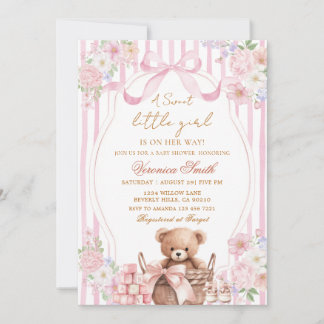 Floral Blush Stripe Pink Bow Bear Baby Shower Kaart
