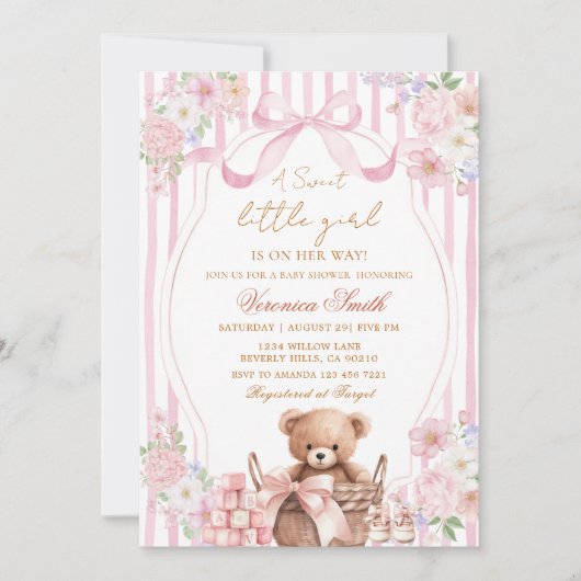 Floral Blush Stripe Pink Bow Bear Baby Shower Kaart (Voorkant)