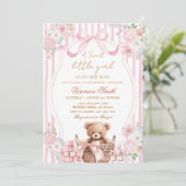 Floral Blush Stripe Pink Bow Bear Baby Shower Kaart (Staand voorkant)
