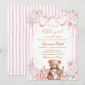 Floral Blush Stripe Pink Bow Bear Baby Shower Kaart (Voorkant / Achterkant)