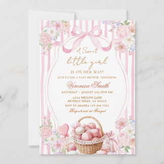 Floral Blush Stripe Pink Sweets Bow Baby Shower Kaart