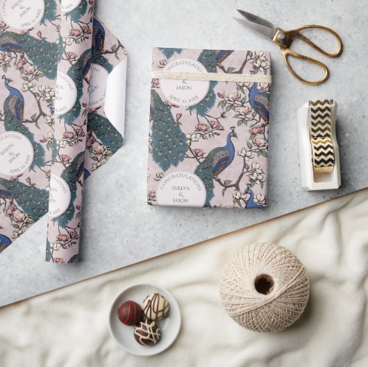 Floral Blush Verloving Pauw Wrapping Paper Cadeaupapier (Crafts)