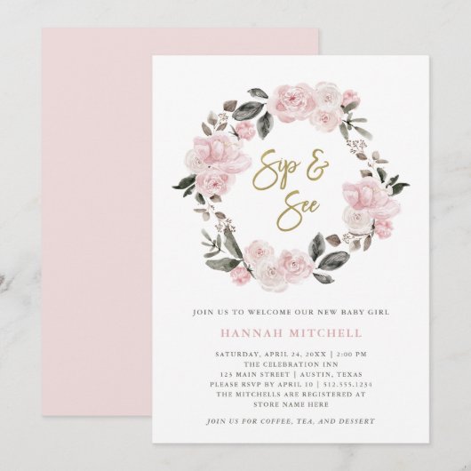  Floral | Blush Waterverf Sip en See Kaart (Voorkant / Achterkant)