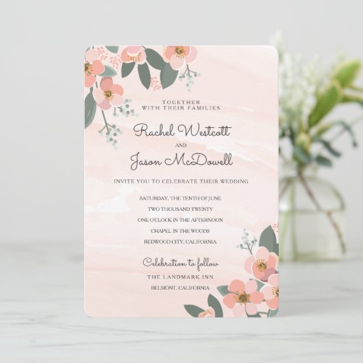 Floral Blush Wedding Suite | Waterverf Wassen Kaart (Staand voorkant)