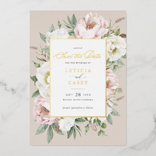 Floral Blush White Peony Roos Folie Save the Date Folie Uitnodiging (Voorkant)