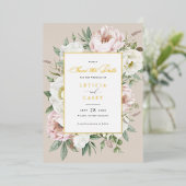 Floral Blush White Peony Roos Folie Save the Date Folie Uitnodiging (Staand Voorkant)