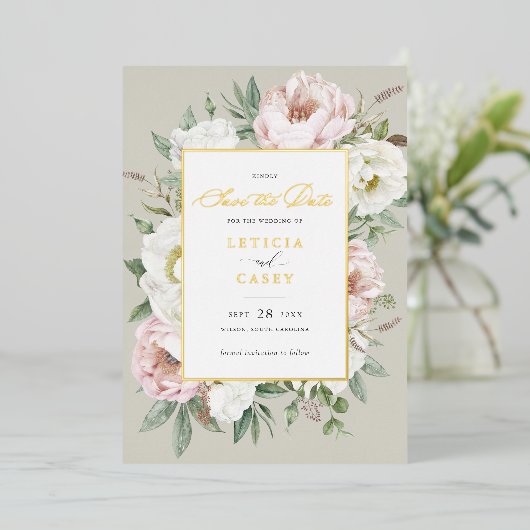 Floral Blush White Peony Roos Folie Save the Date Folie Uitnodiging (Staand Voorkant)