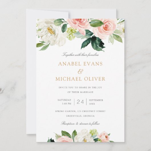 Floral Blush White Romantic Greenery Wedding Kaart (Voorkant)