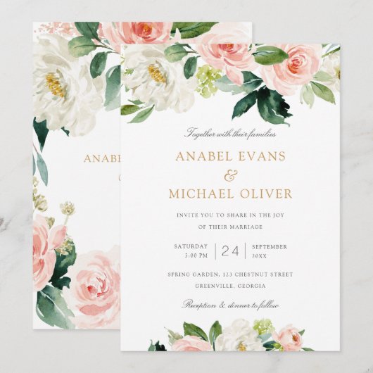 Floral Blush White Romantic Greenery Wedding Kaart (Voorkant / Achterkant)
