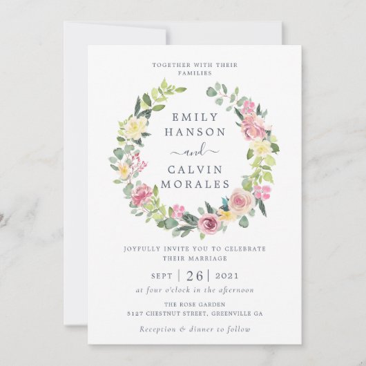 Floral Blush Yellow Greenery Leaf Elegant Wreath Kaart (Voorkant)