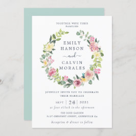 Floral Blush Yellow Greenery Leaf Elegant Wreath Kaart