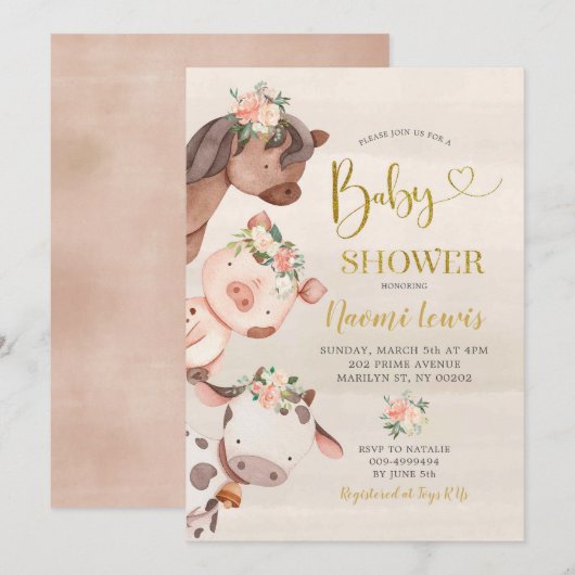 Floral Boerderij Girl Baby shower Kaart (Voorkant / Achterkant)