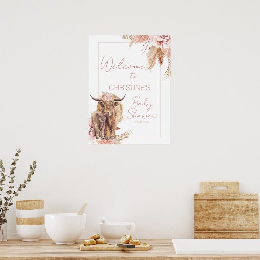 Floral Bohemian Koe Calf Baby shower Welkomstteken Poster (Keuken)