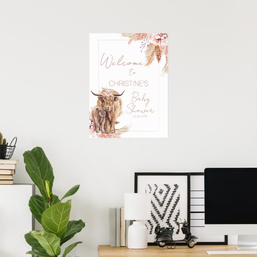 Floral Bohemian Koe Calf Baby shower Welkomstteken Poster (Thuiskantoor)