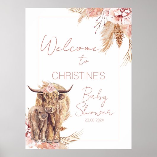 Floral Bohemian Koe Calf Baby shower Welkomstteken Poster (Voorkant)