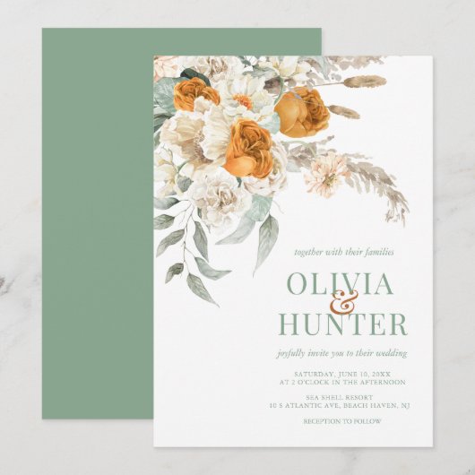 Floral Bohemian Modern Sage Green Wedding Kaart (Voorkant / Achterkant)