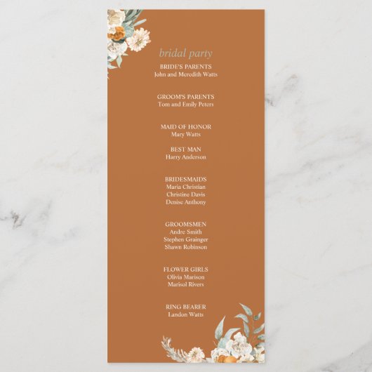 Floral Bohemian Modern Terracotta Wedding Programm Menu (Achterkant)