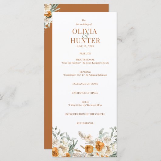 Floral Bohemian Modern Terracotta Wedding Programm Menu (Voorkant / Achterkant)