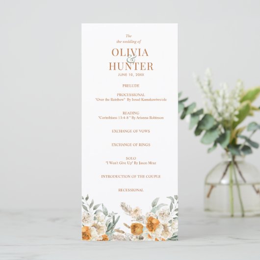 Floral Bohemian Modern Terracotta Wedding Programm Menu (Staand voorkant)