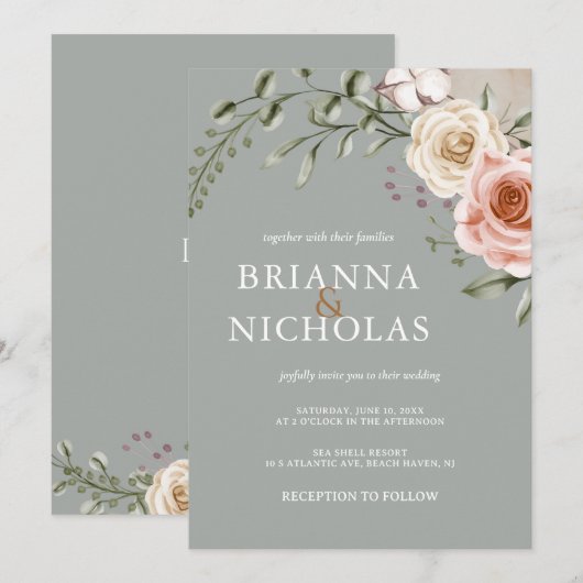 Floral Bohemian Sage Green Wedding Kaart (Voorkant / Achterkant)