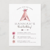 Floral Bohemian Teepee Young Wild & Three Birthday Uitnodiging Briefkaart (Voorkant)