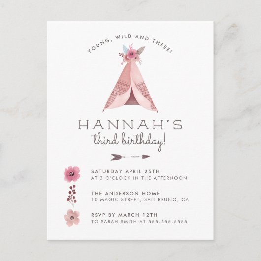 Floral Bohemian Teepee Young Wild & Three Birthday Uitnodiging Briefkaart (Voorkant)