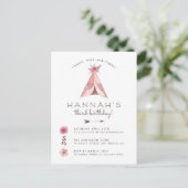 Floral Bohemian Teepee Young Wild & Three Birthday Uitnodiging Briefkaart (Staand voorkant)