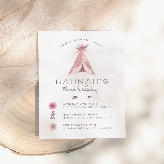 Floral Bohemian Teepee Young Wild & Three Birthday Uitnodiging Briefkaart