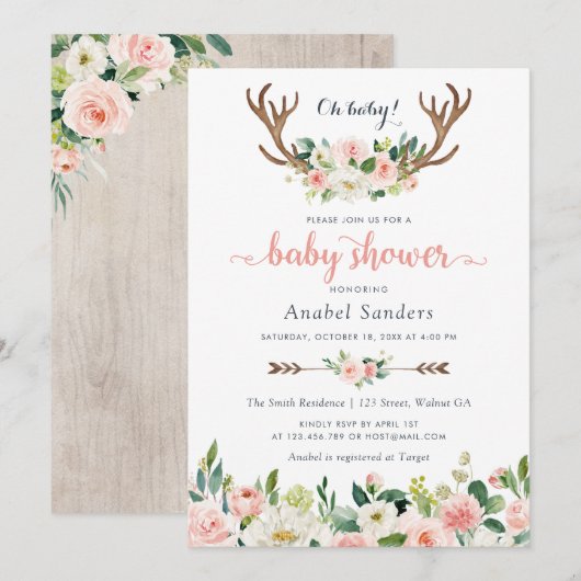 Floral Boho Antler Blush Chic Arrows Baby shower Kaart (Voorkant / Achterkant)