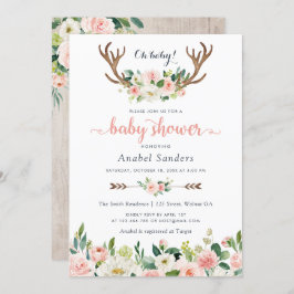 Floral Boho Antler Blush Chic Arrows Baby shower Kaart