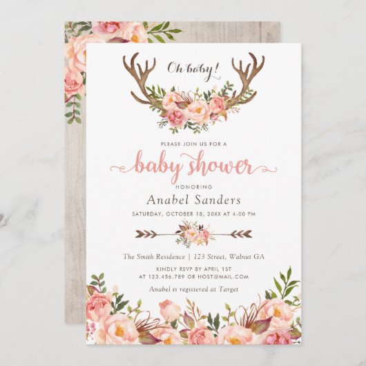 Floral Boho Antler Blush Chic Arrows Baby shower Kaart (Voorkant / Achterkant)