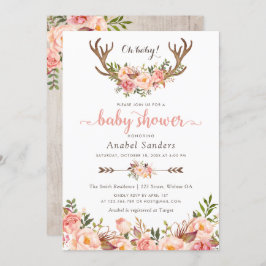 Floral Boho Antler Blush Chic Arrows Baby shower Kaart