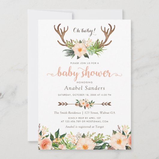 Floral Boho Antler Cactus Succulents Baby shower Kaart (Voorkant)