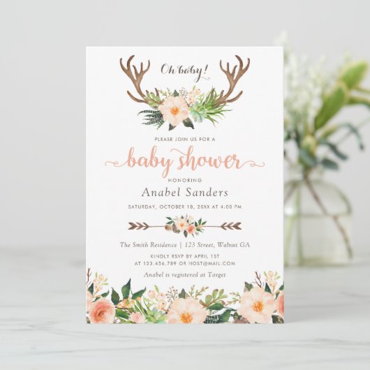 Floral Boho Antler Cactus Succulents Baby shower Kaart (Staand voorkant)