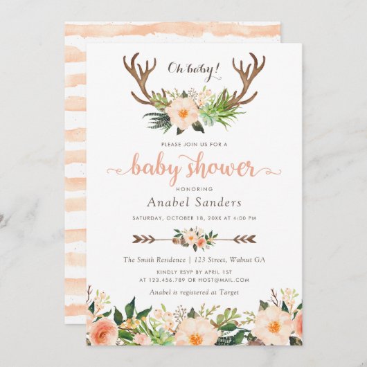 Floral Boho Antler Cactus Succulents Baby shower Kaart (Voorkant / Achterkant)