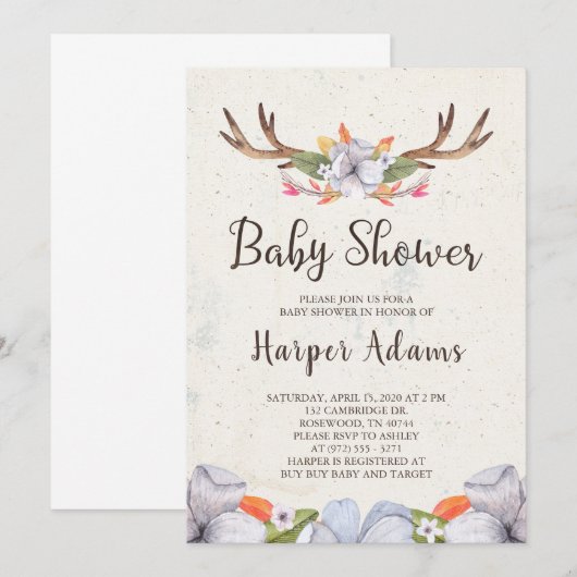 Floral Boho Antlers Baby shower Kaart (Voorkant / Achterkant)