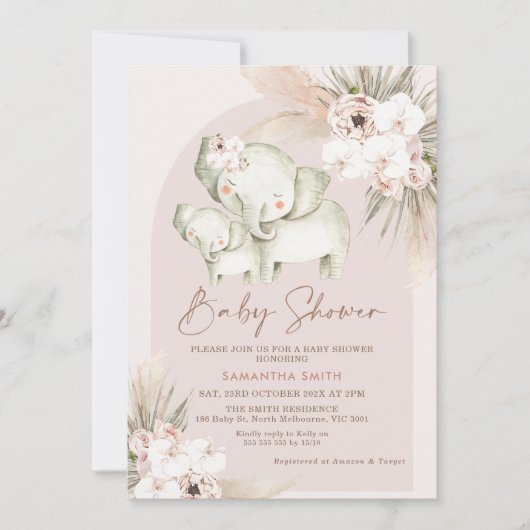 Floral Boho Arch Elephant Calf Baby shower Kaart (Voorkant)