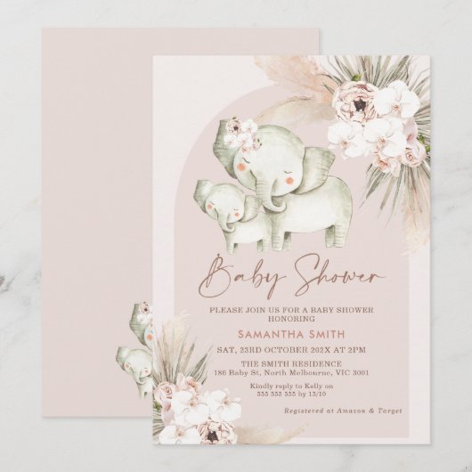 Floral Boho Arch Elephant Calf Baby shower Kaart (Voorkant / Achterkant)