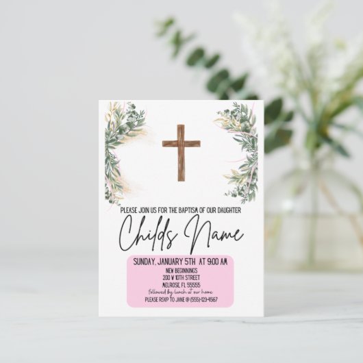 Floral Boho Baptism Invitations Briefkaart (Staand voorkant)